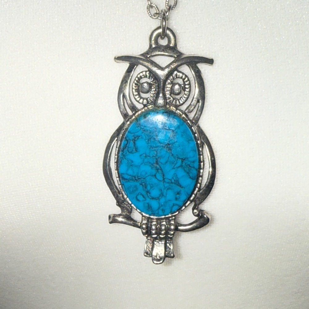 VINTAGE Fuller Owl Pendant Necklace Signed Silver Tone Metal Faux Turquoise